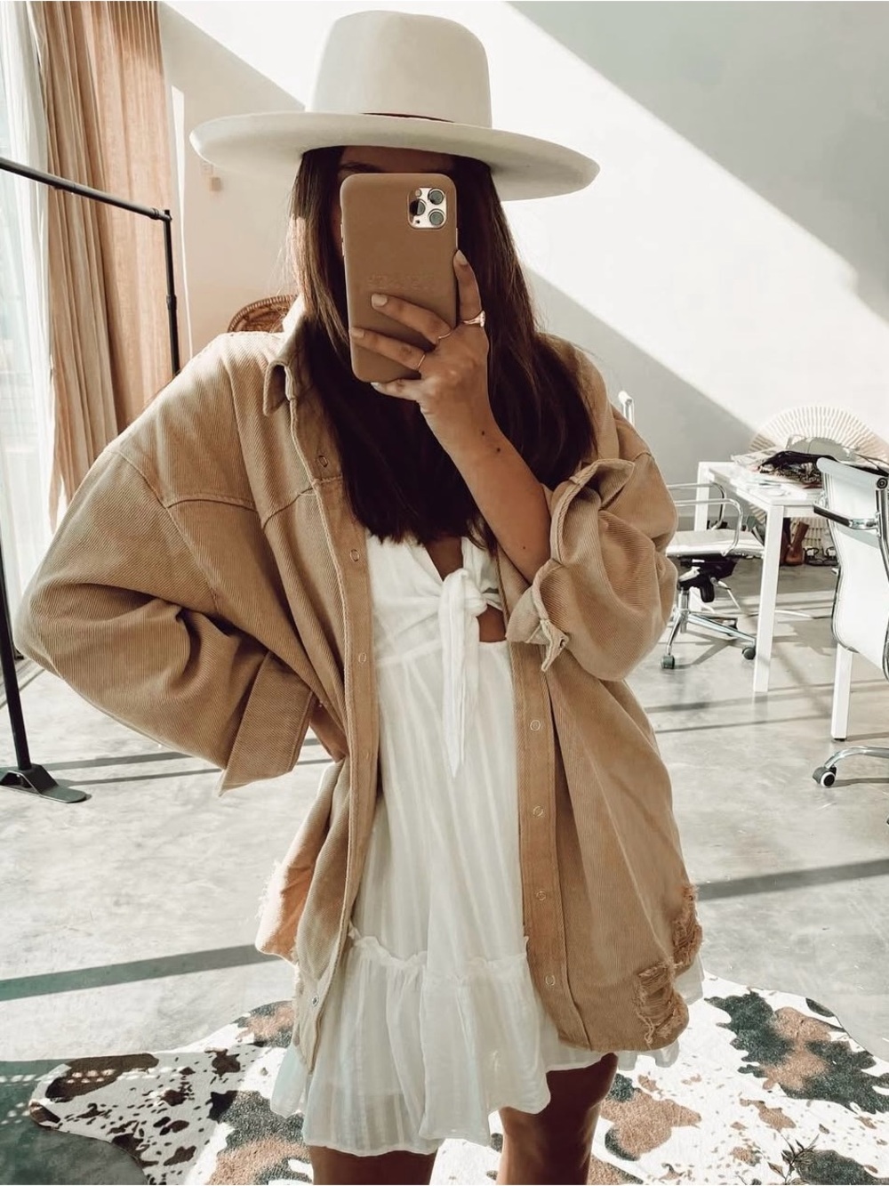 12TH Tribe CottonOversized Tan Distressed Snap Button Shirt OS